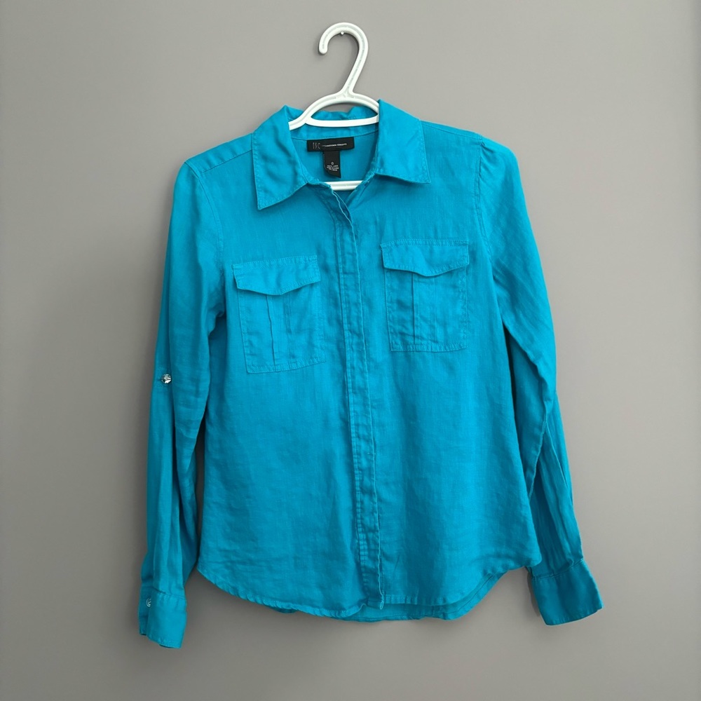 INC International Concepts Size 0 Blue Linen Long Sleeve Button Down